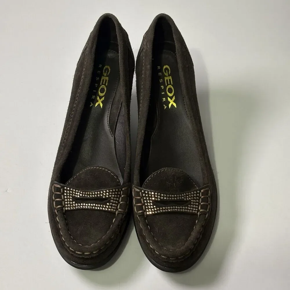 Geox Womens Brown Suede Wedge Loafer Rhinestone US 8.5 EU 38.5 Old Money Classic